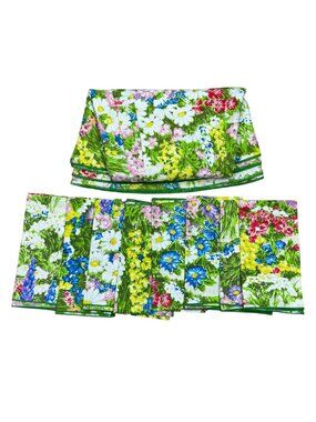 Vintage Floral Tablecloth 8 Napkins Set Round 71" Bright Wildflower MCM Boho